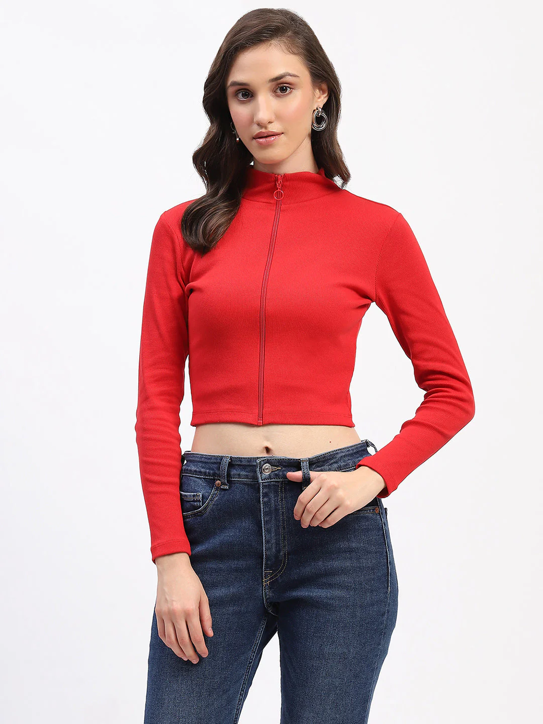 Madame Ribbed Mock Neck Zipped Red Crop Top - Image 3