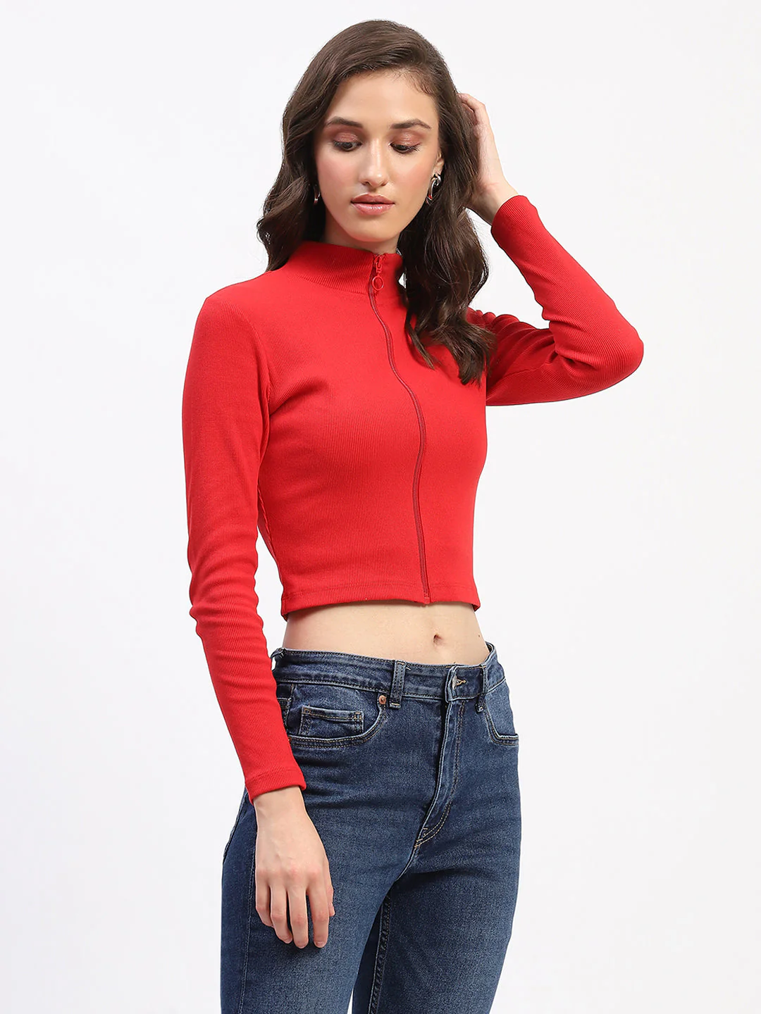 Madame Ribbed Mock Neck Zipped Red Crop Top - Image 4