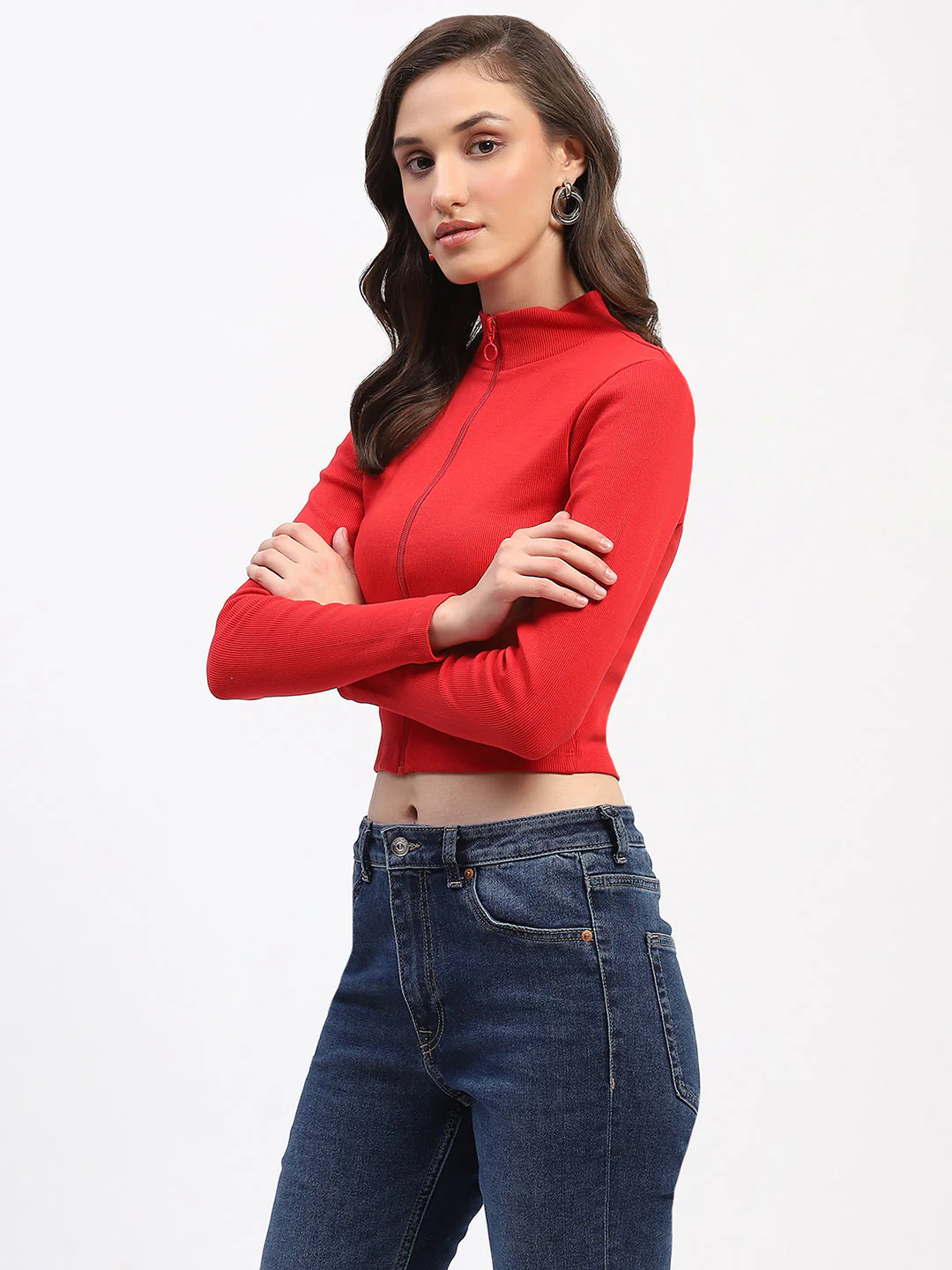 Madame Ribbed Mock Neck Zipped Red Crop Top - Image 5