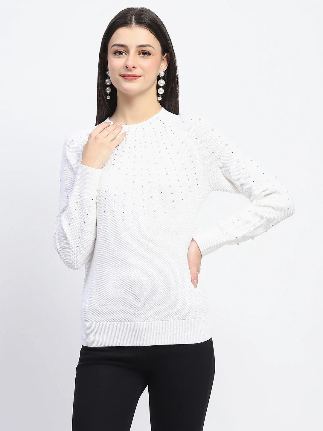 Madame Embellished Full Sleeve Off White Knitted Top - Image 3