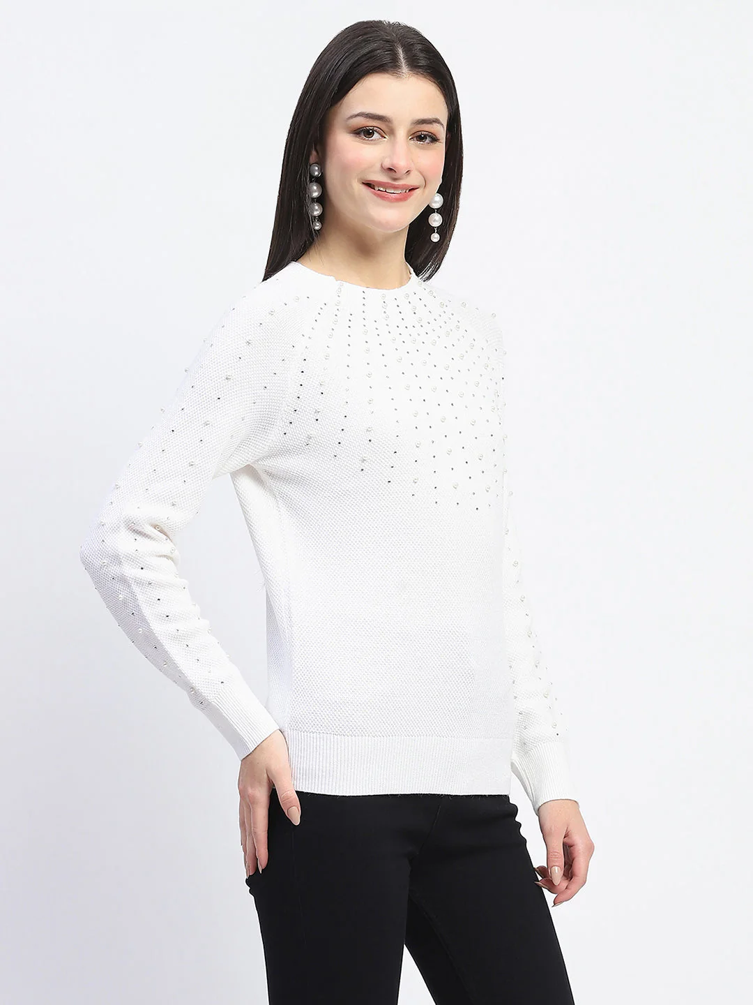 Madame Embellished Full Sleeve Off White Knitted Top - Image 4