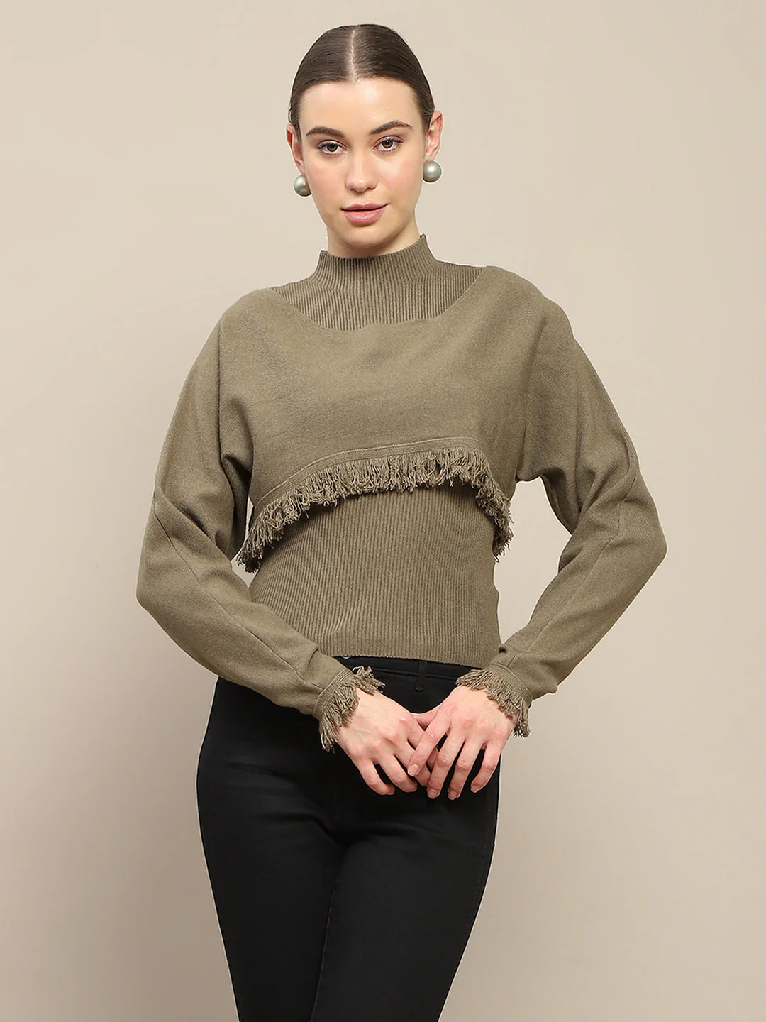 Madame Front Ripped Full Sleeve Olive Sweater - Image 4