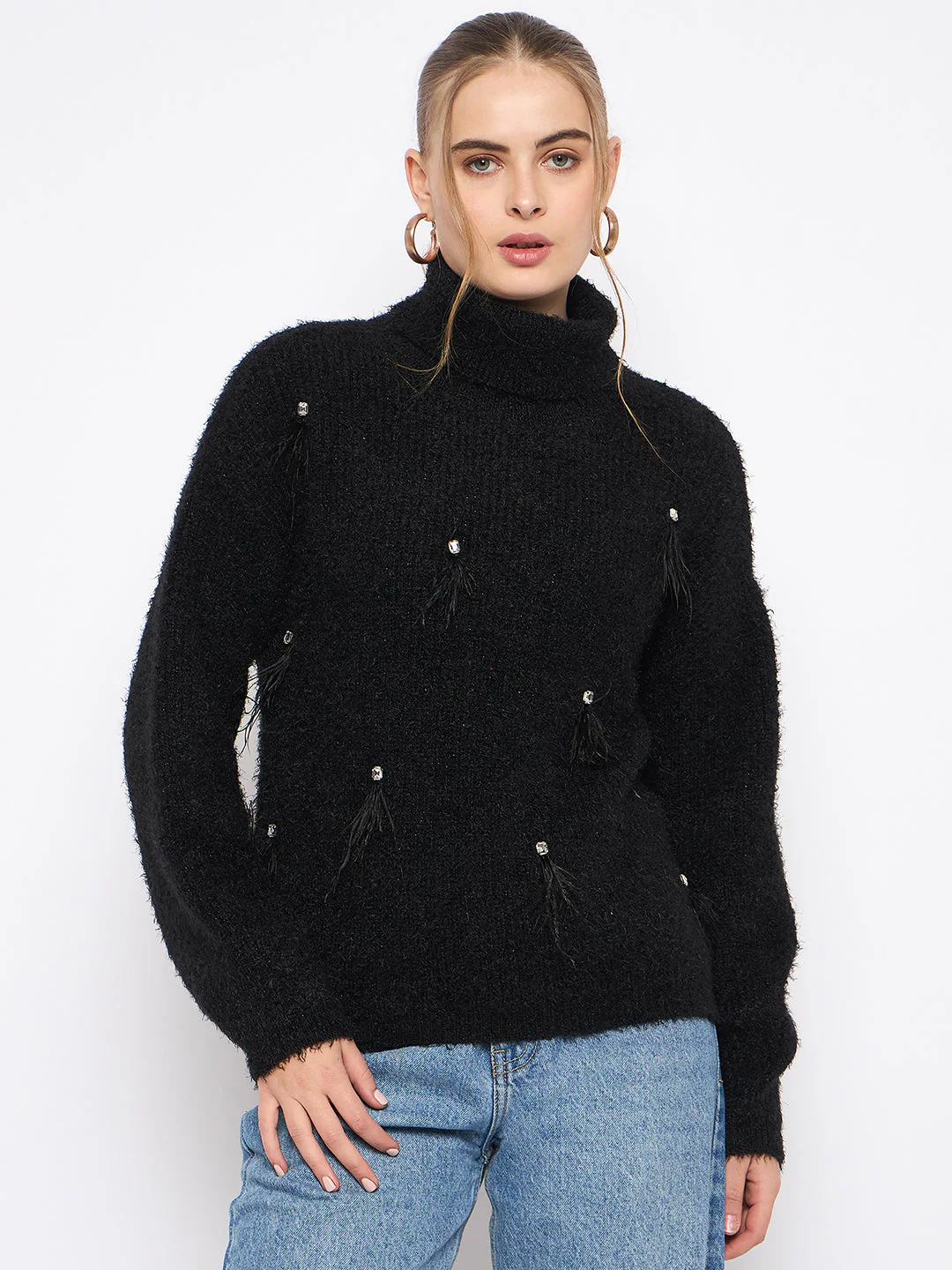 Madame Embellished Turtleneck Black Sweater - Image 3