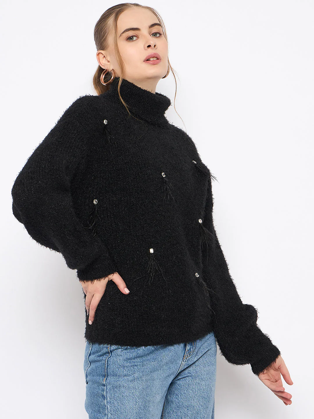 Madame Embellished Turtleneck Black Sweater - Image 4