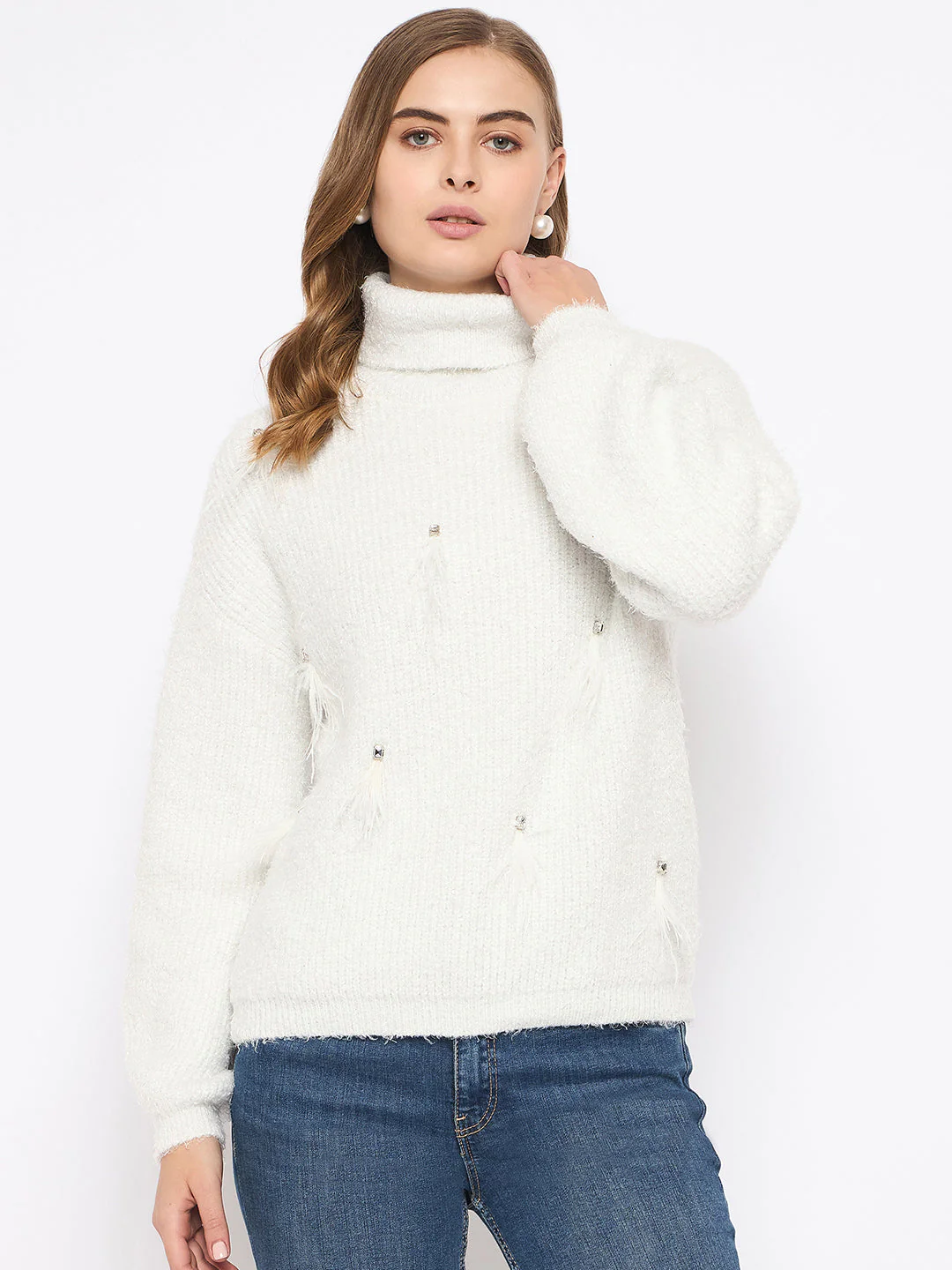 Madame Embellished Turtleneck Off White Sweater - Image 3