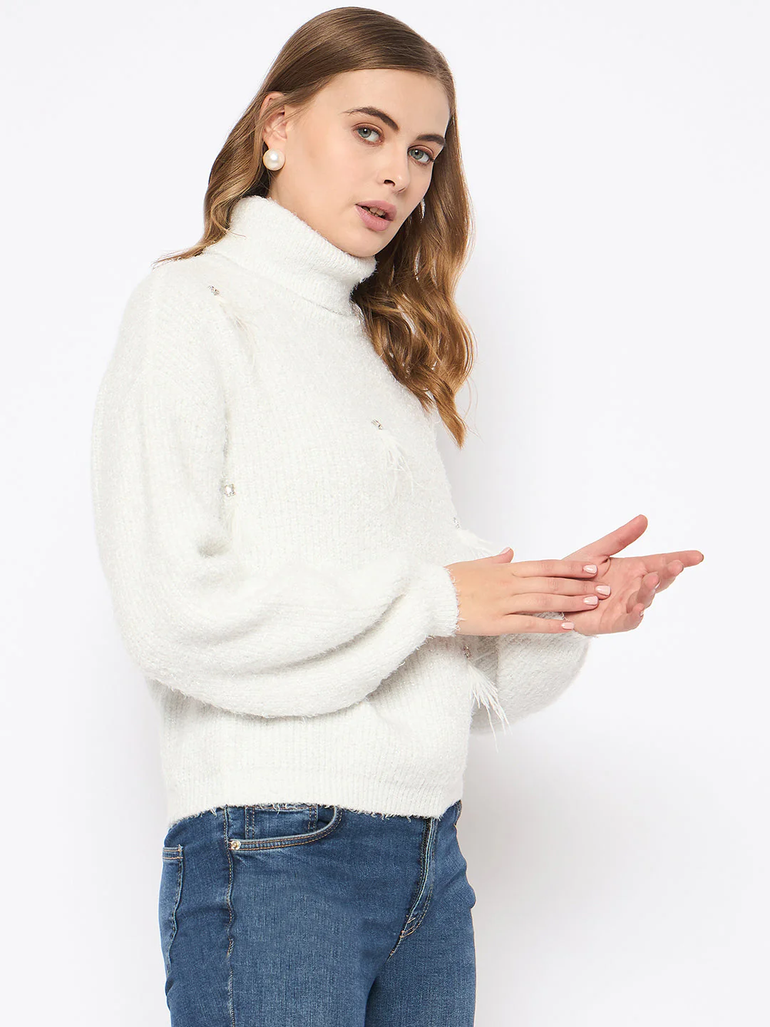 Madame Embellished Turtleneck Off White Sweater - Image 4