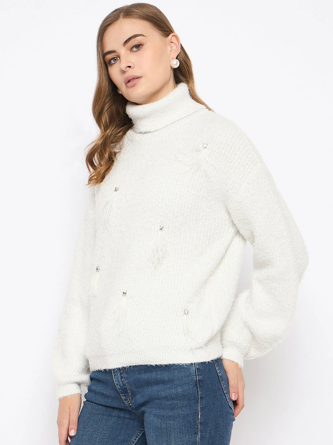 Madame Embellished Turtleneck Off White Sweater - Image 5