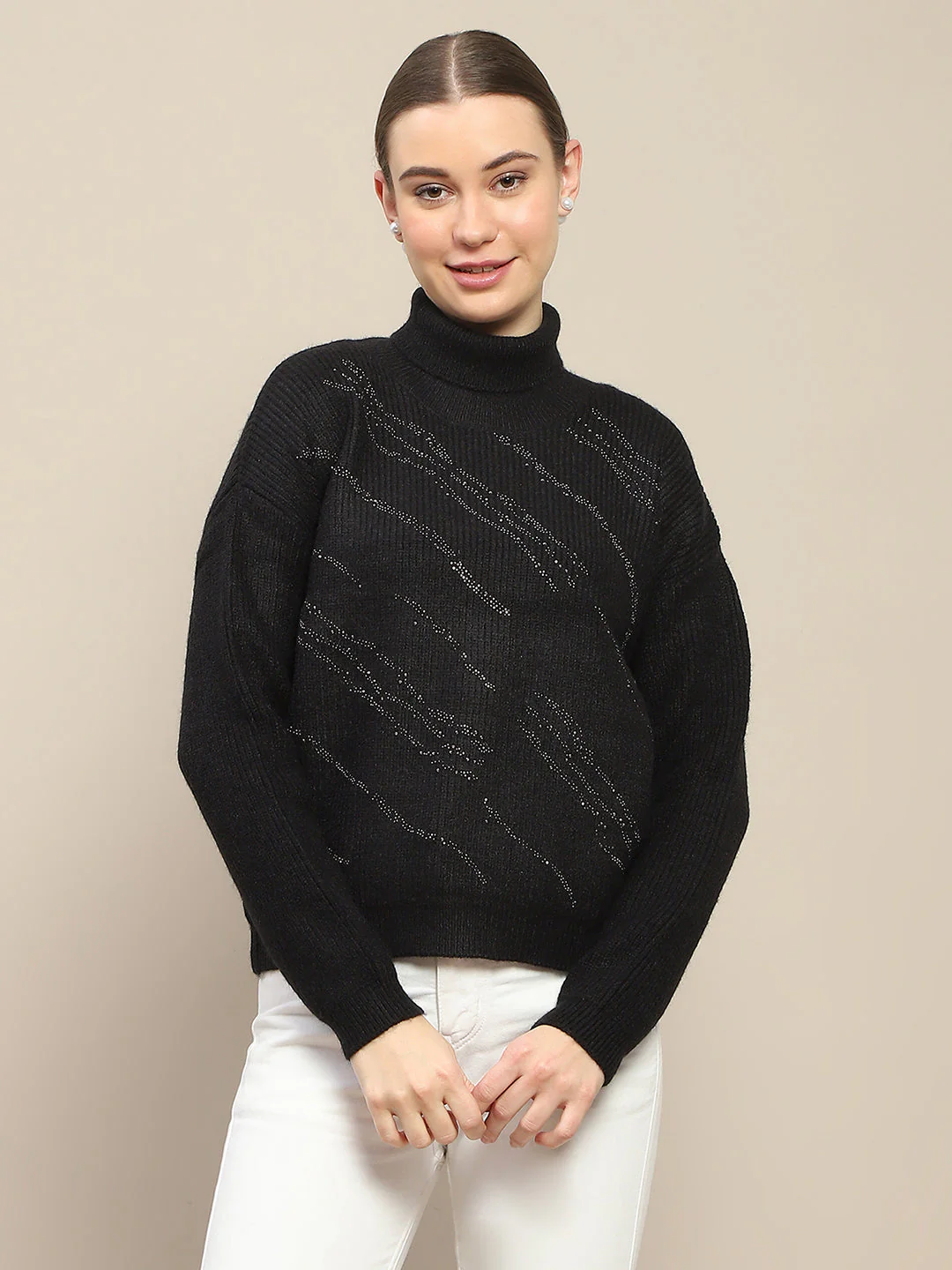 Madame Self Design Black Turtleneck Sweater - Image 3