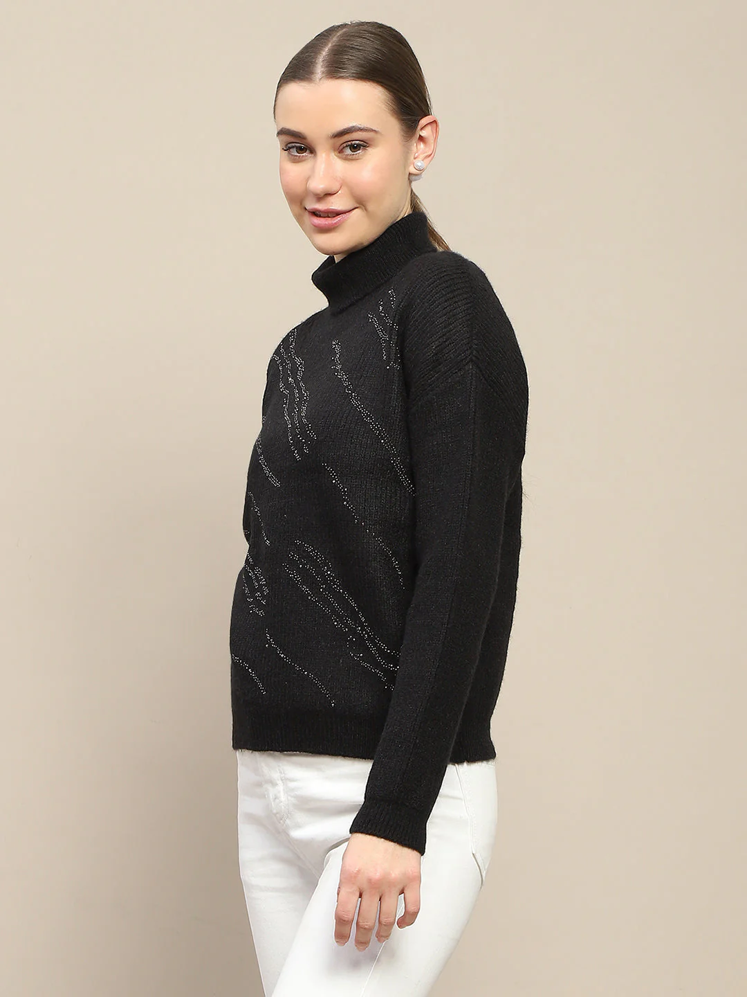 Madame Self Design Black Turtleneck Sweater - Image 4
