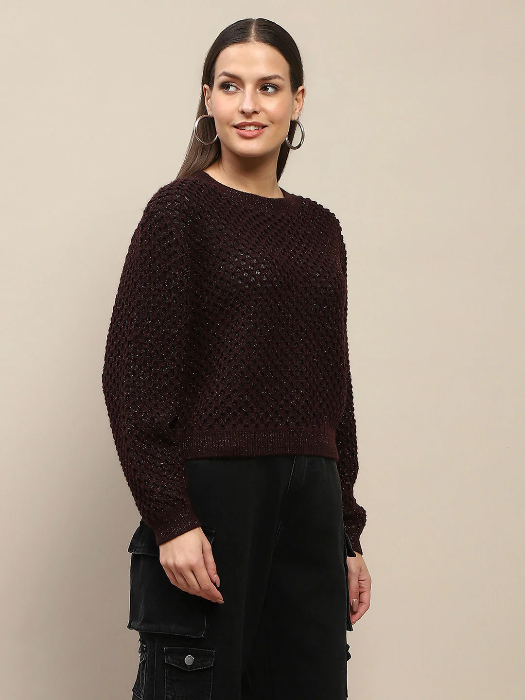 Madame Textured Solid Brown Full Sleeve Sweater - Image 4