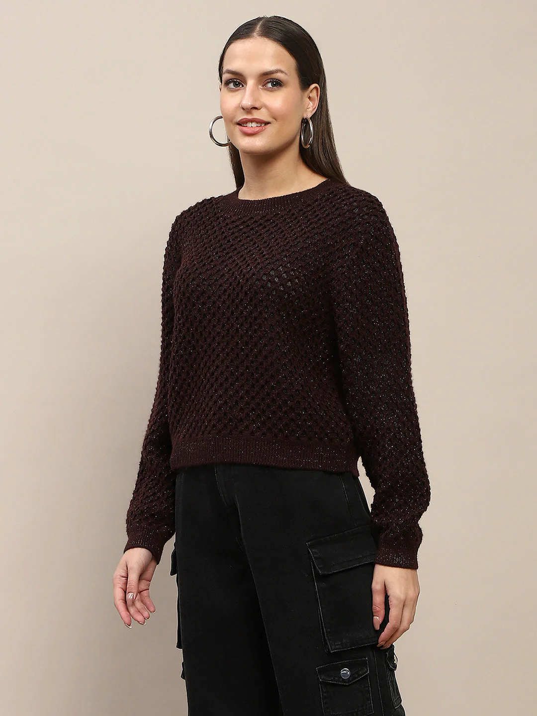 Madame Textured Solid Brown Full Sleeve Sweater - Image 5