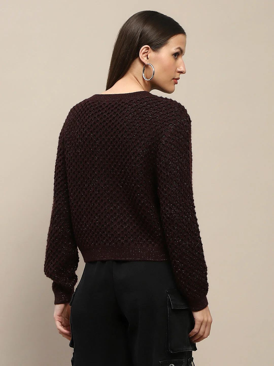 Madame Textured Solid Brown Full Sleeve Sweater - Image 6