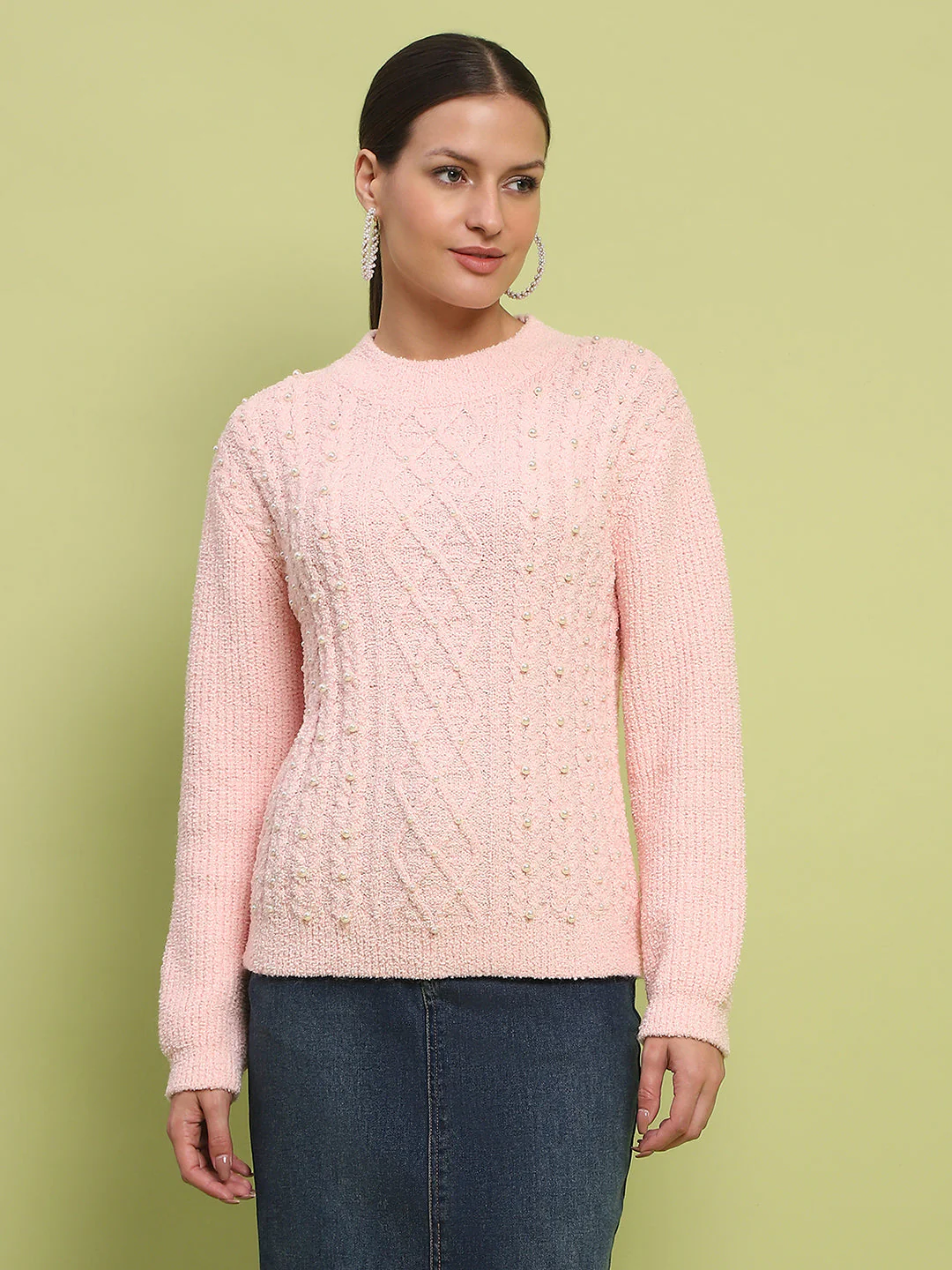 Madame Cable Knit Full Sleeve Peach Sweater - Image 3