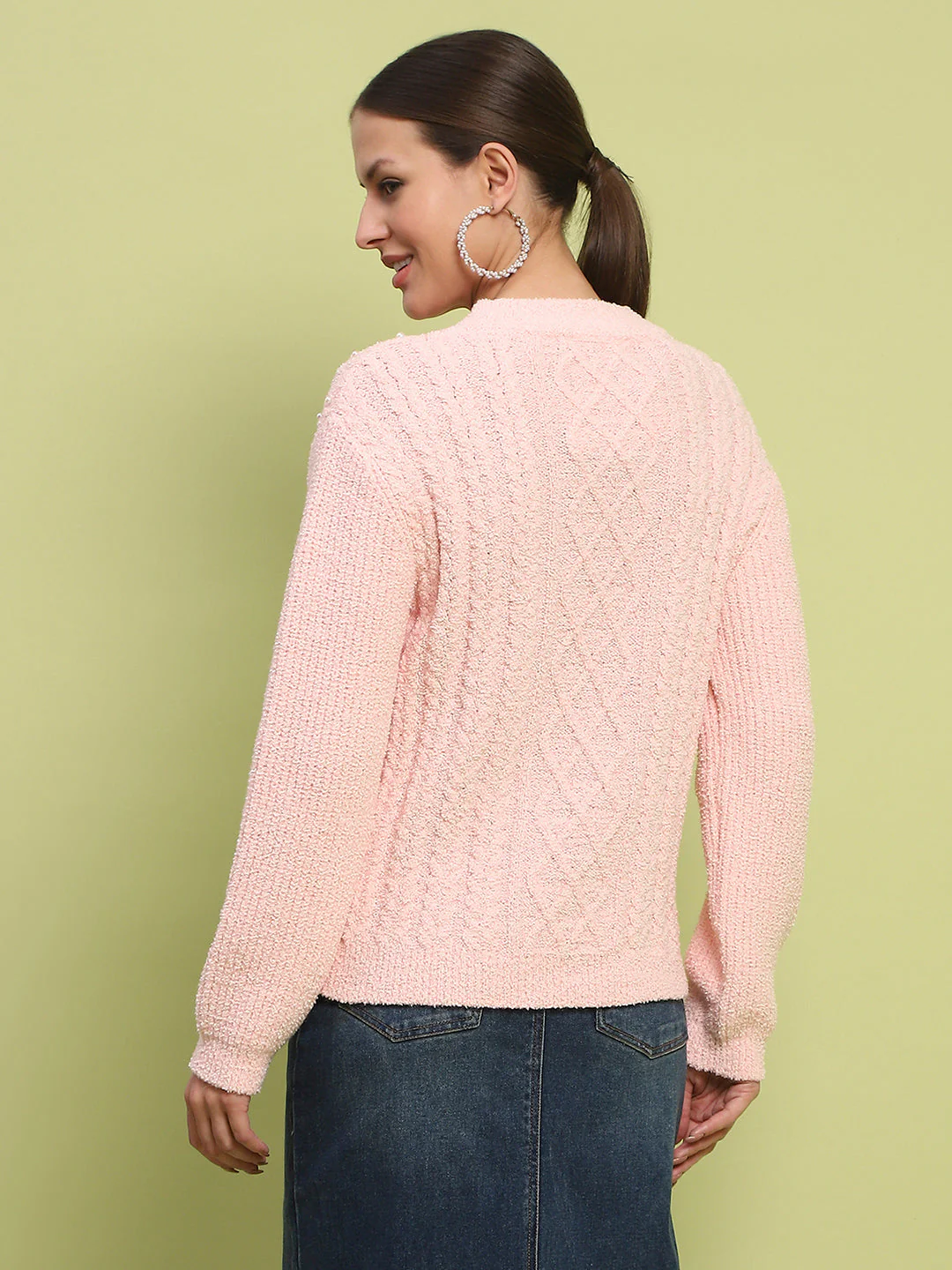 Madame Cable Knit Full Sleeve Peach Sweater - Image 6