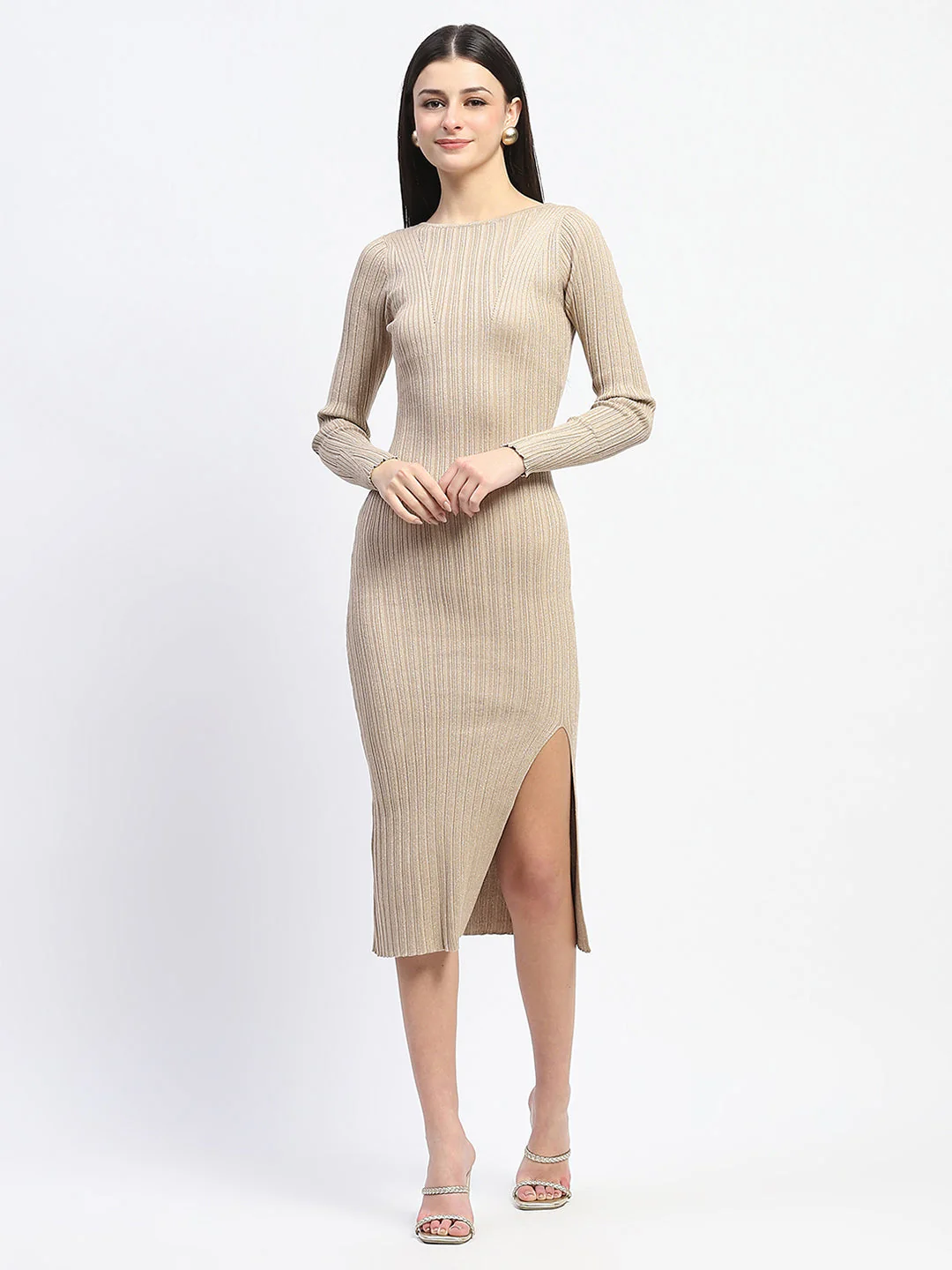 Madame Solid Brown Bodycon Dress - Image 3