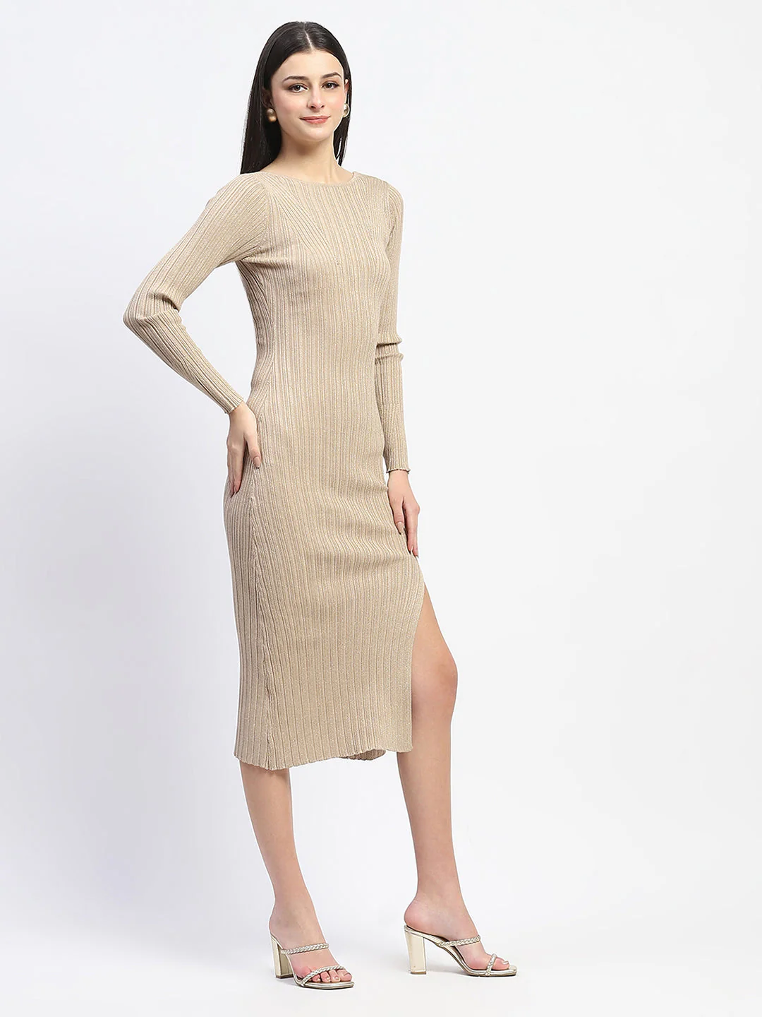 Madame Solid Brown Bodycon Dress - Image 4