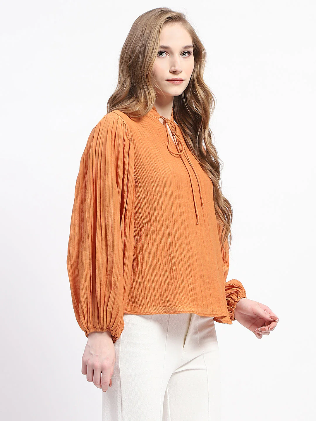 Madame Mock Neck Solid Orange Cotton Blend Top - Image 3