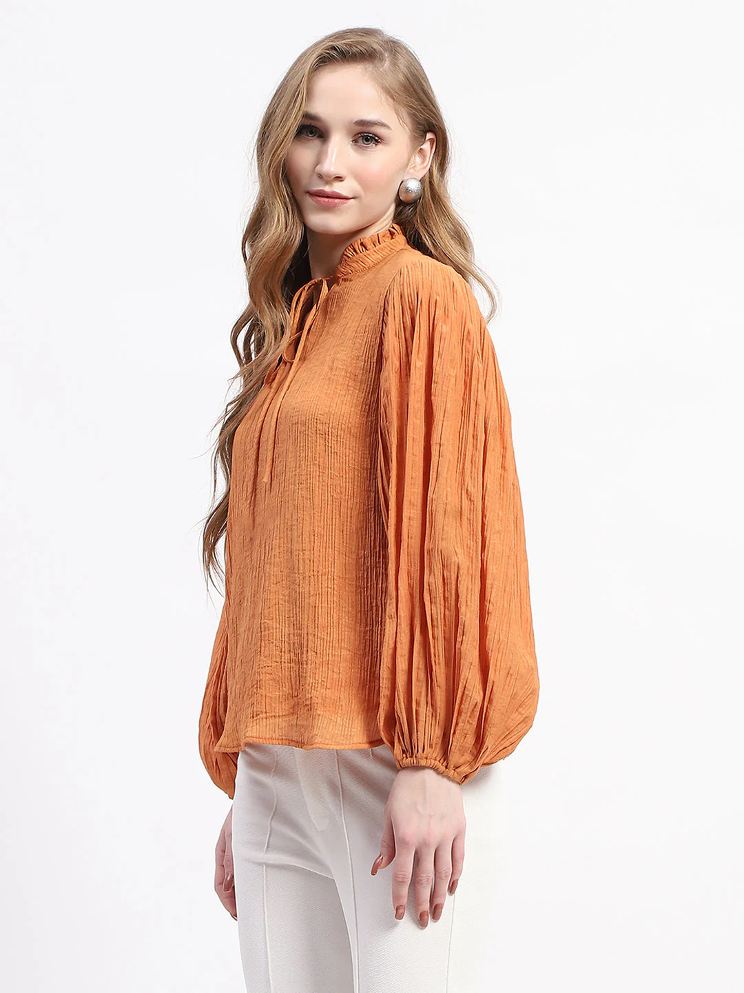 Madame Mock Neck Solid Orange Cotton Blend Top - Image 4