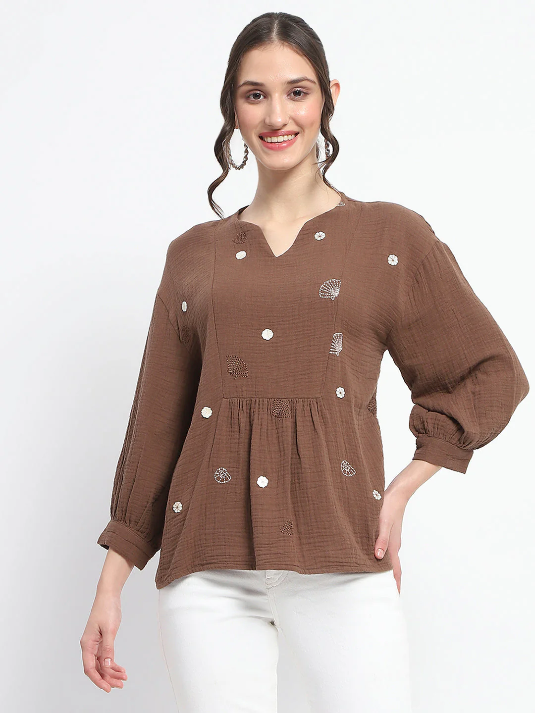 Madame Solid Chocolate Brown Embroidery Detailed Cotton Top - Image 3