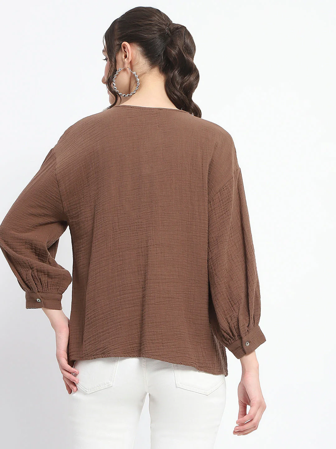 Madame Solid Chocolate Brown Embroidery Detailed Cotton Top - Image 6