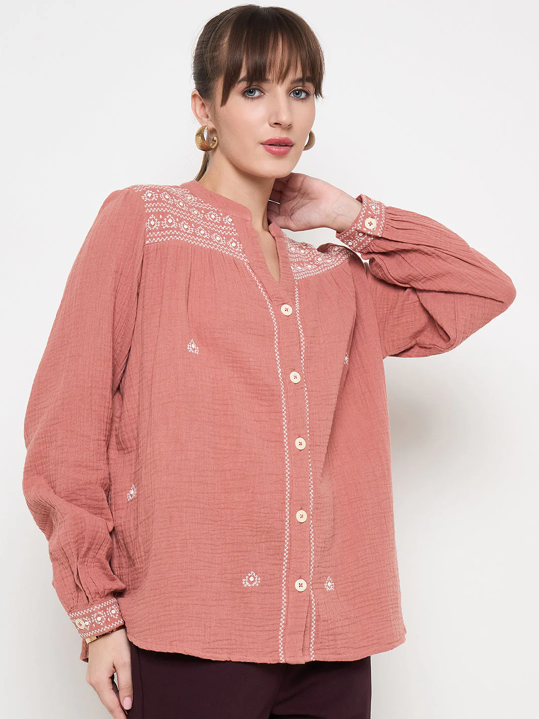 Madame Cotton Embroidery Detailed Rust Red Top - Image 4