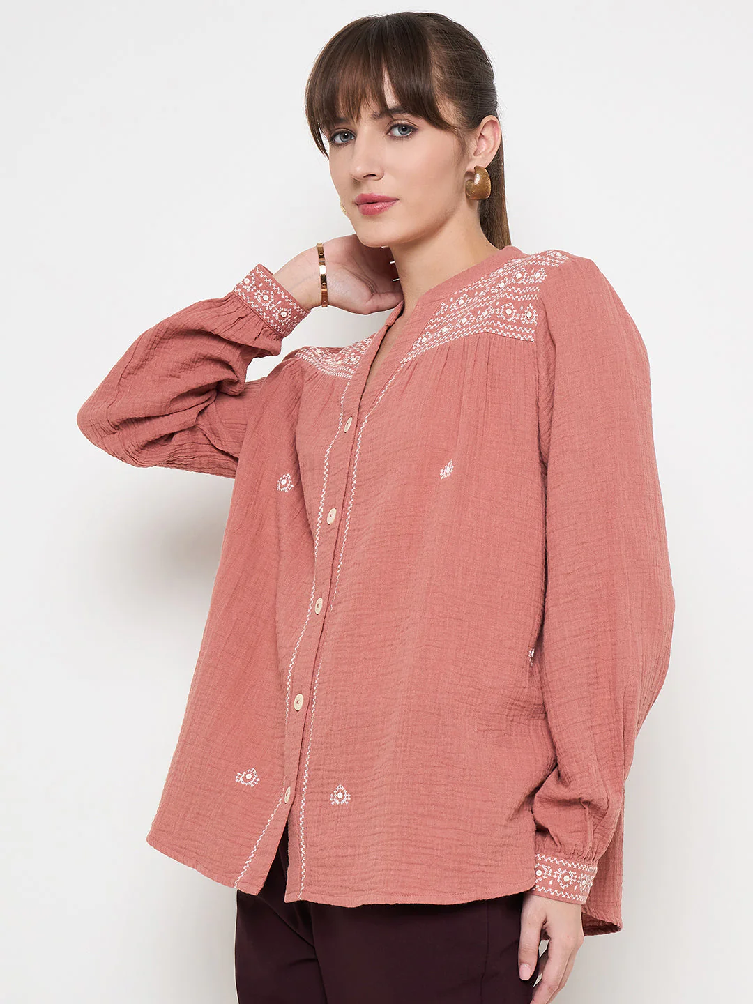 Madame Cotton Embroidery Detailed Rust Red Top - Image 5