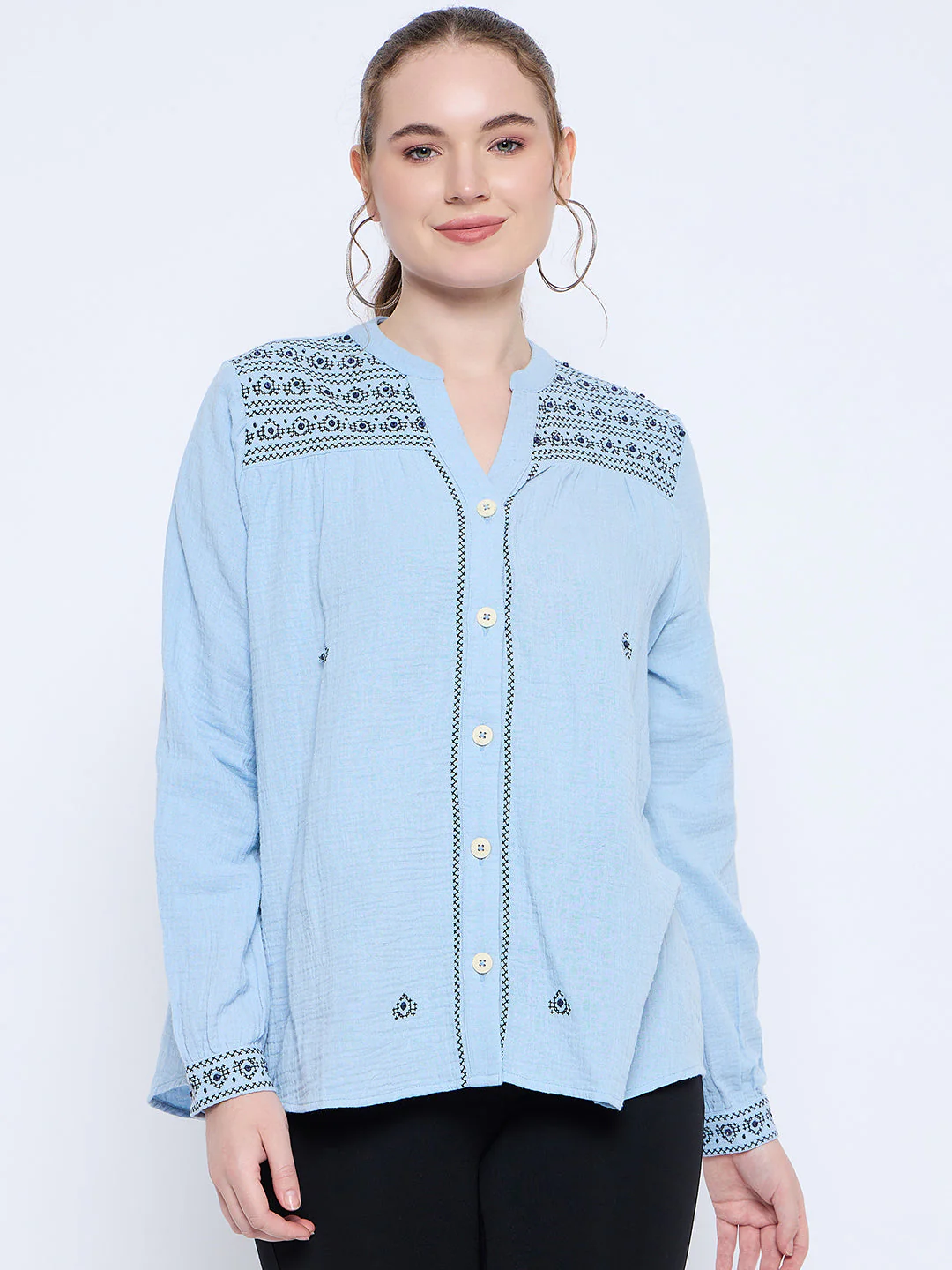 Madame Cotton Embroidery Detailed Sky Blue Top - Image 3