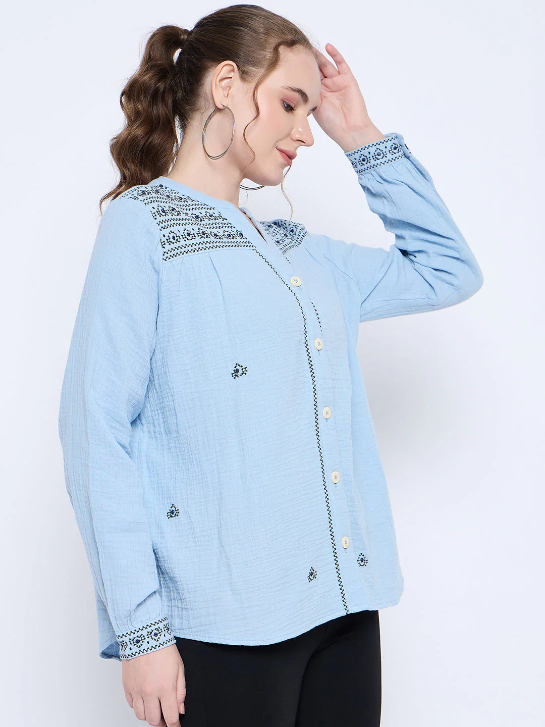 Madame Cotton Embroidery Detailed Sky Blue Top - Image 4