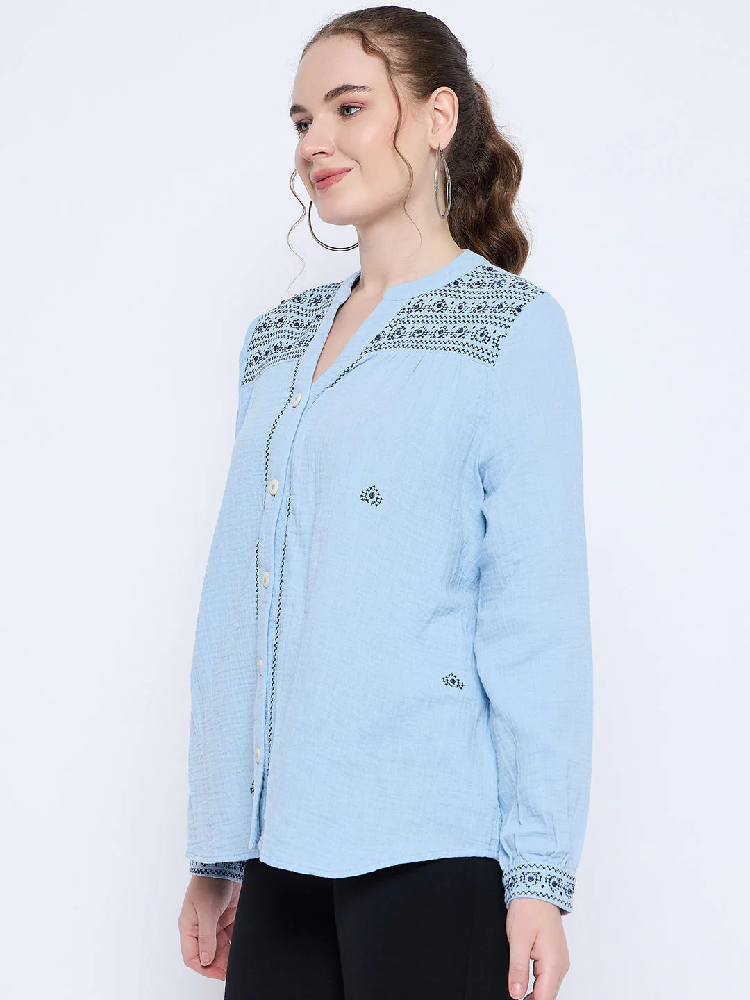 Madame Cotton Embroidery Detailed Sky Blue Top - Image 5