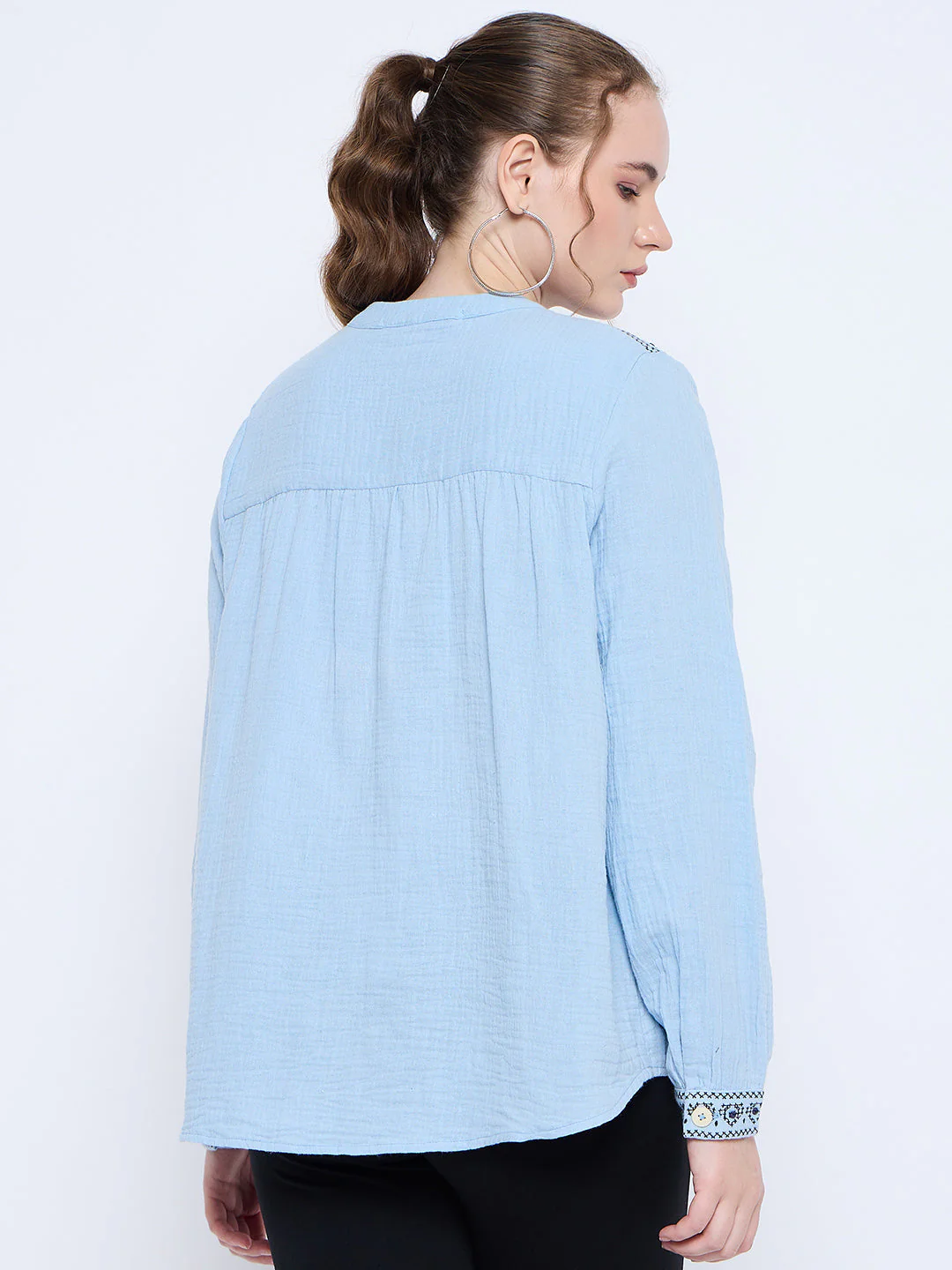 Madame Cotton Embroidery Detailed Sky Blue Top - Image 6