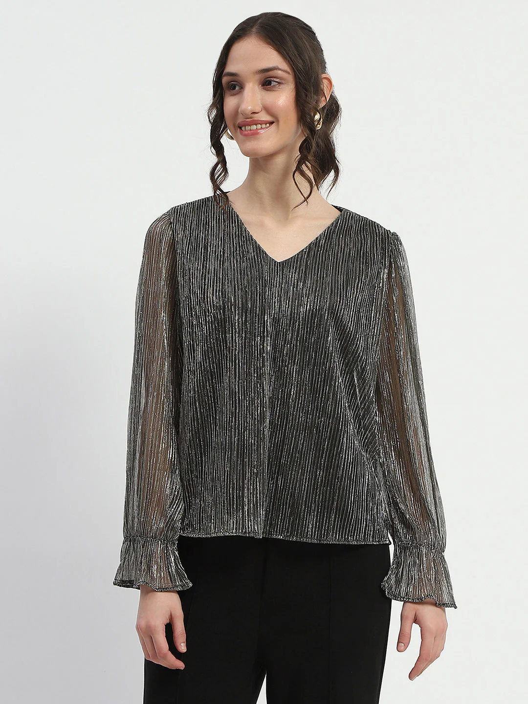 Madame Ruffle Sleeve Black Shimmery Top - Image 3