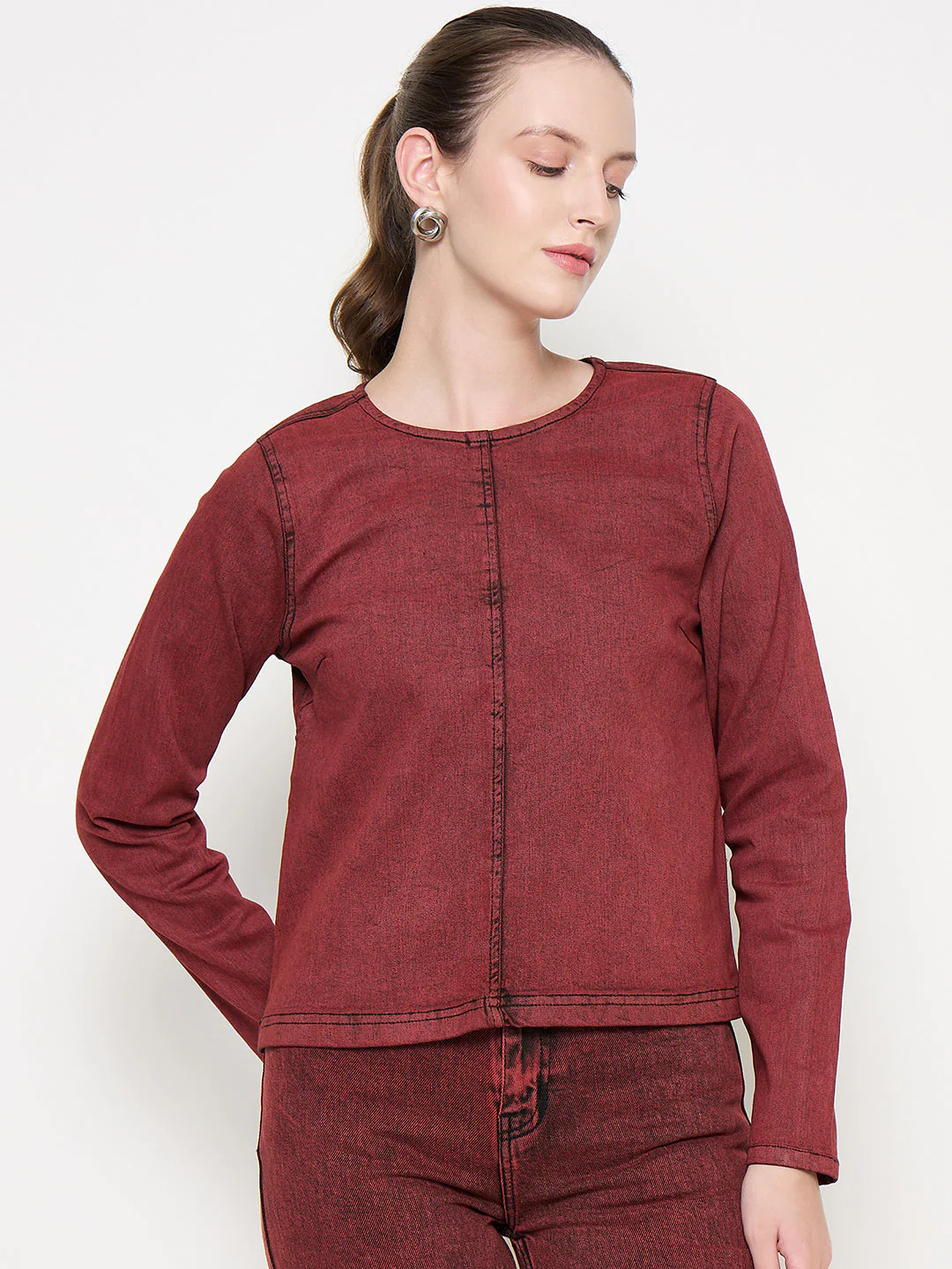 Madame Cotton Blend Acid Wash Red Denim Top - Image 3