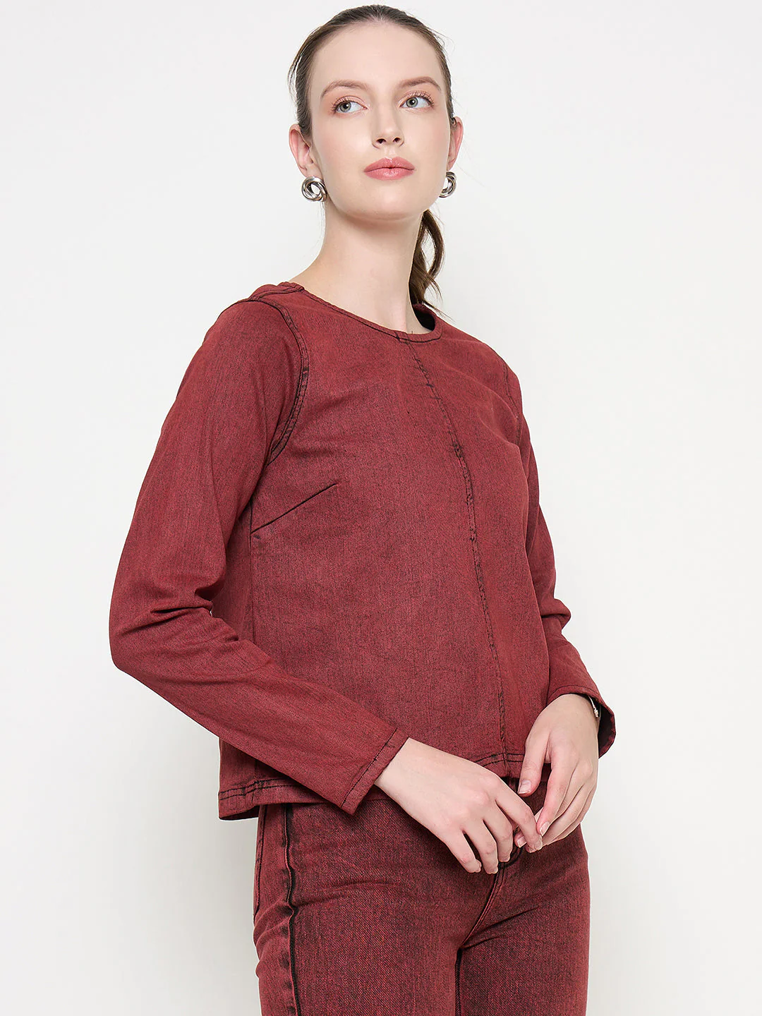 Madame Cotton Blend Acid Wash Red Denim Top - Image 4