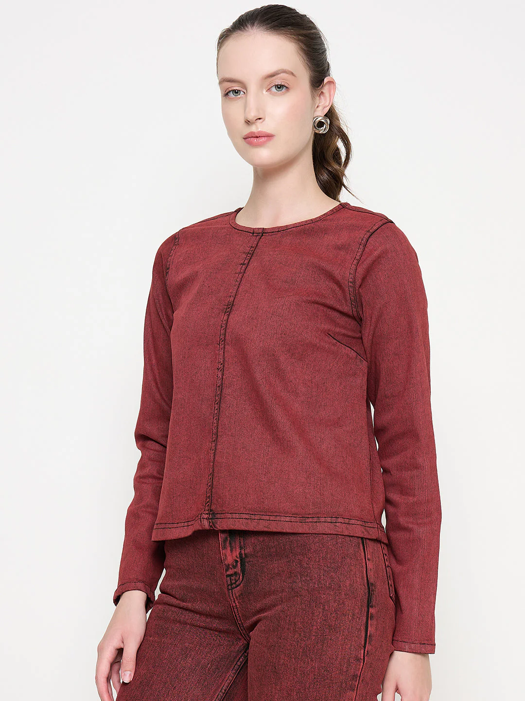 Madame Cotton Blend Acid Wash Red Denim Top - Image 5