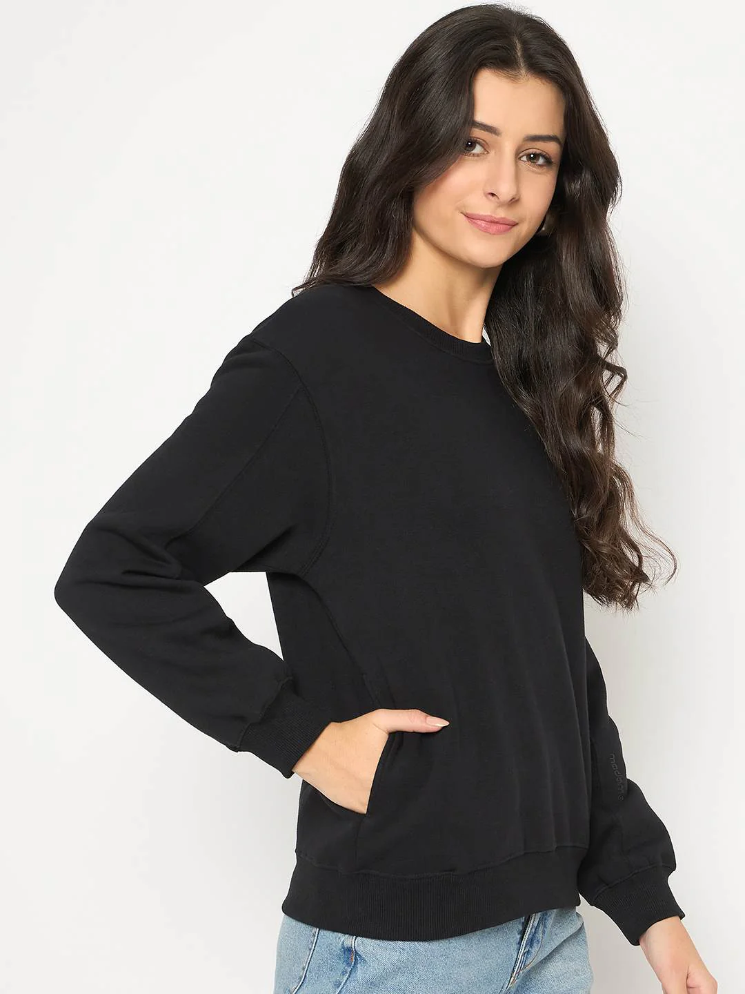 Madame Cotton Blend Solid Black Sweatshirt - Image 4