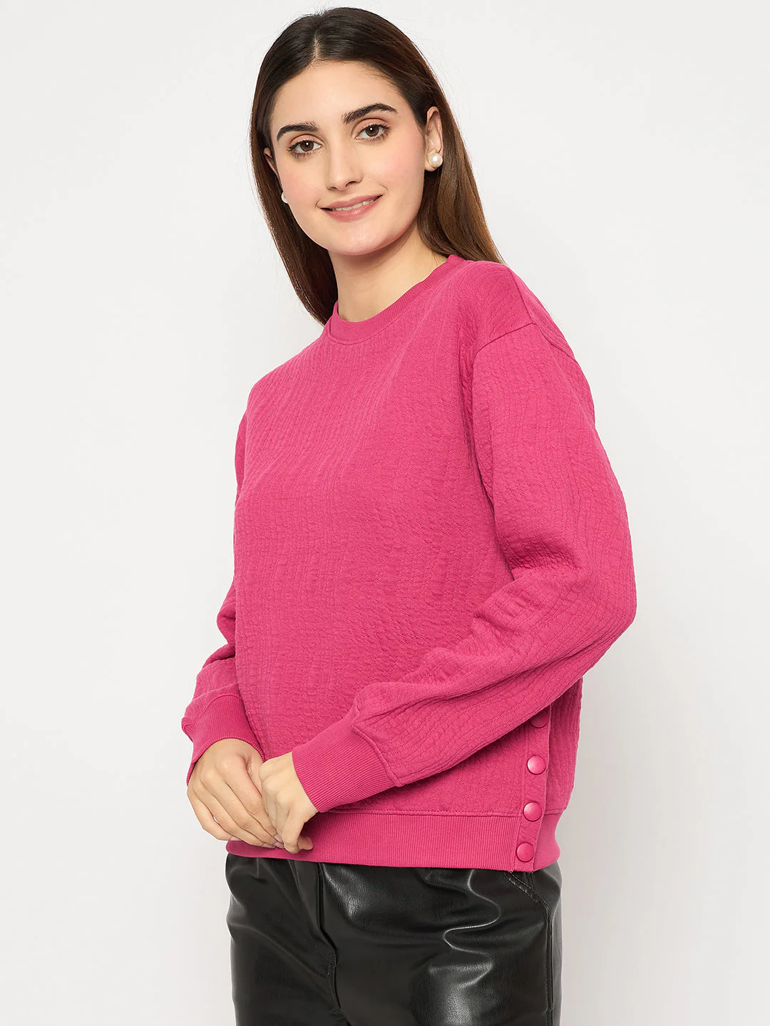 Madame Knitted Self-Textured Hot Pink Sweatshirt - Image 5