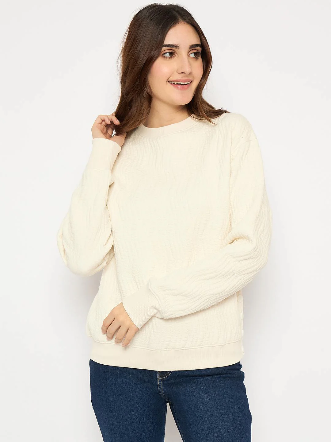 Madame Knitted Self-Textured Off White Sweatshirt - Image 3