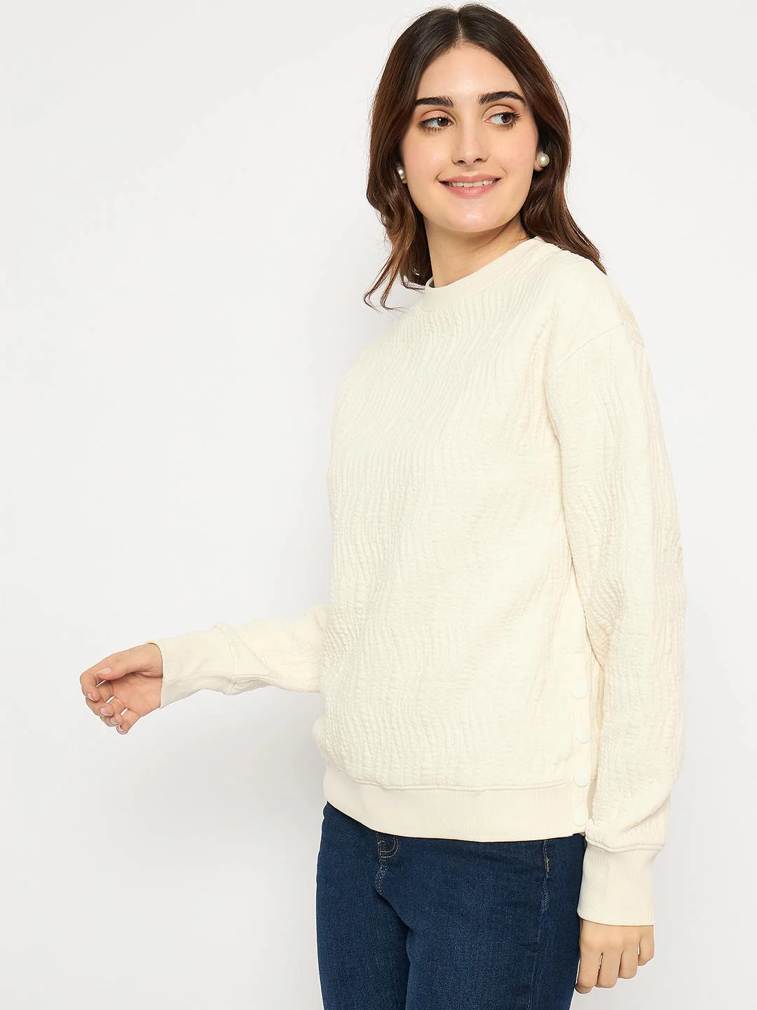 Madame Knitted Self-Textured Off White Sweatshirt - Image 4