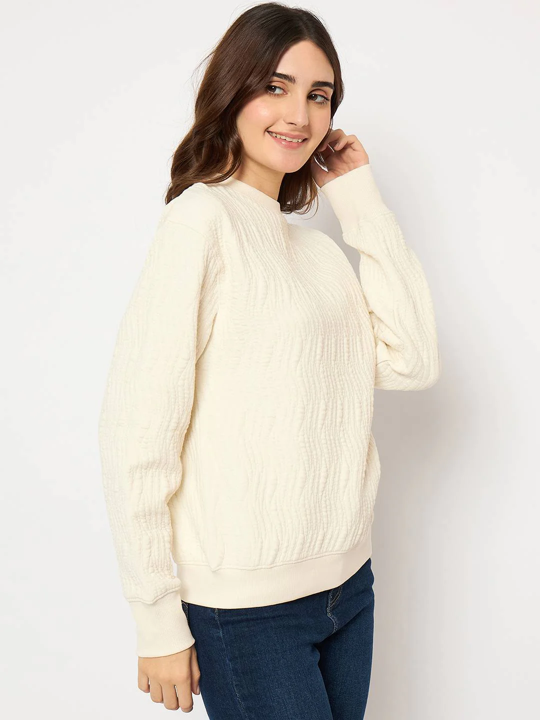 Madame Knitted Self-Textured Off White Sweatshirt - Image 5