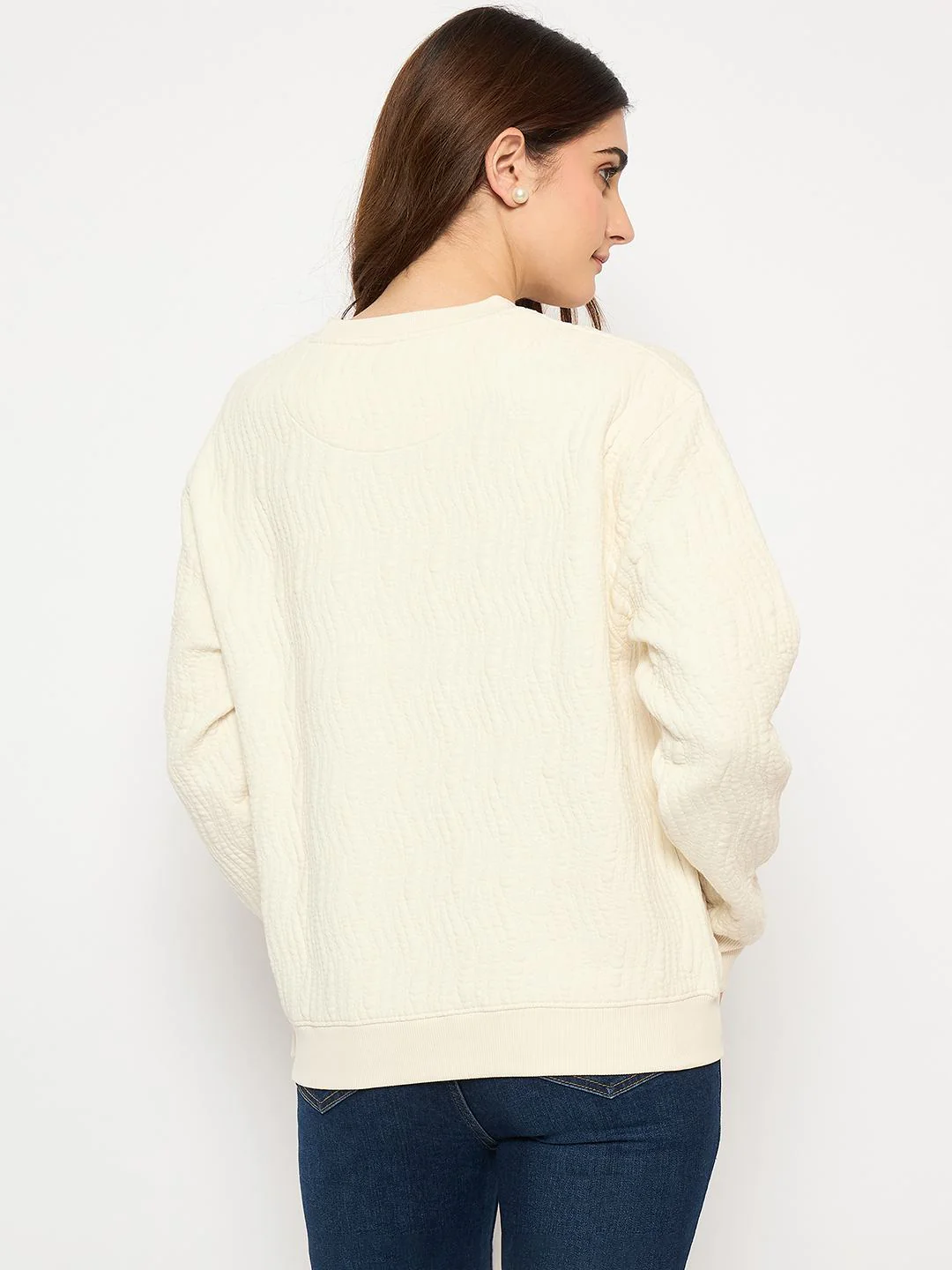 Madame Knitted Self-Textured Off White Sweatshirt - Image 6