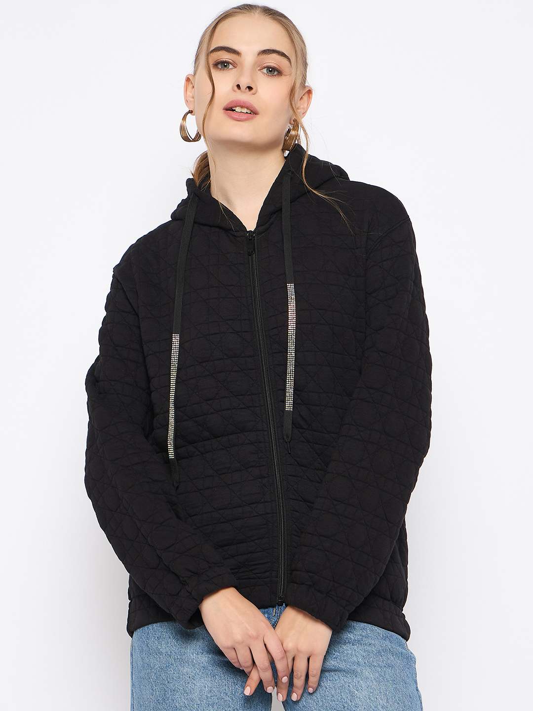 Madame Knitted Self-Textured Zipped Black Hooded Sweatshirt - Image 3