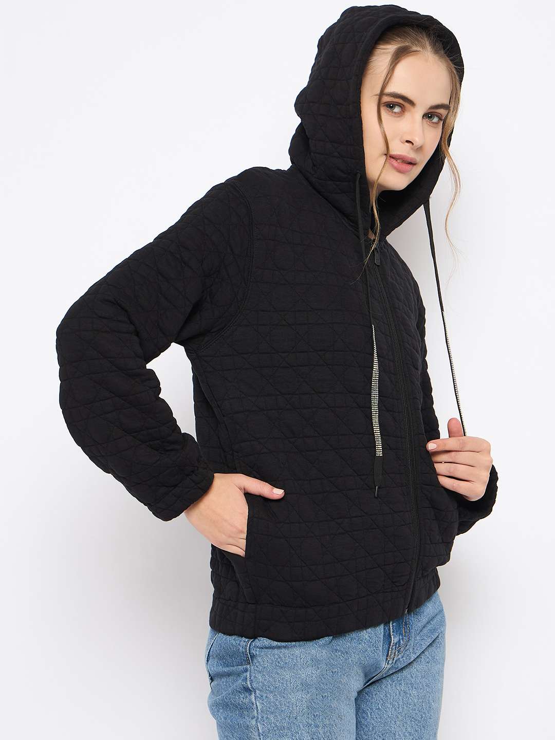 Madame Knitted Self-Textured Zipped Black Hooded Sweatshirt - Image 4