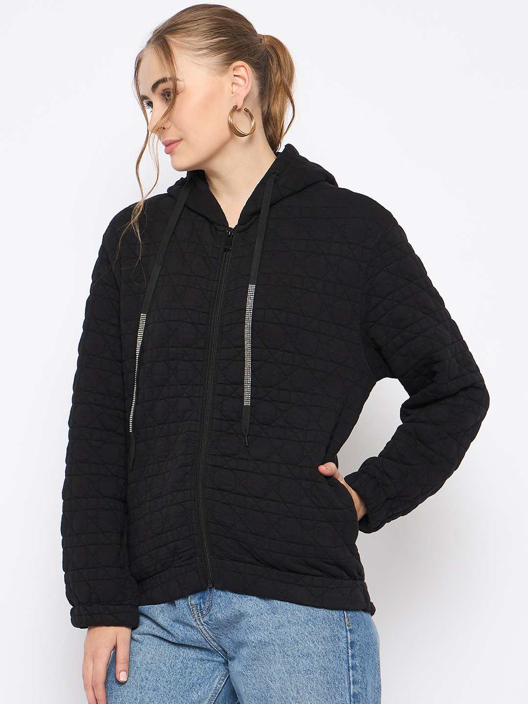 Madame Knitted Self-Textured Zipped Black Hooded Sweatshirt - Image 5