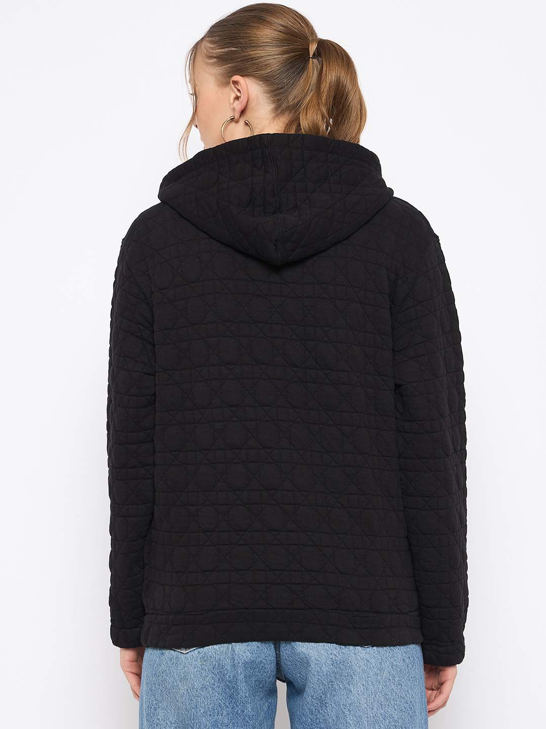 Madame Knitted Self-Textured Zipped Black Hooded Sweatshirt - Image 6
