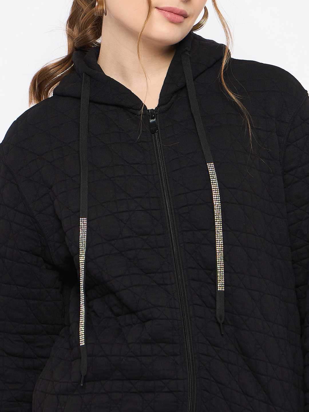 Madame Knitted Self-Textured Zipped Black Hooded Sweatshirt - Image 7