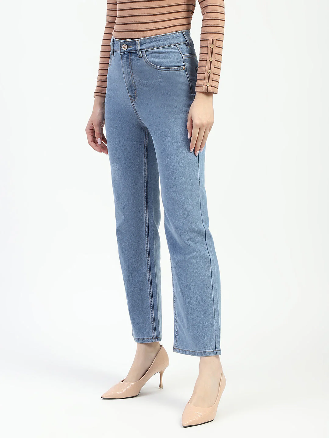 Madame Light Blue Straight Fit Cotton Denim Jeans - Image 4