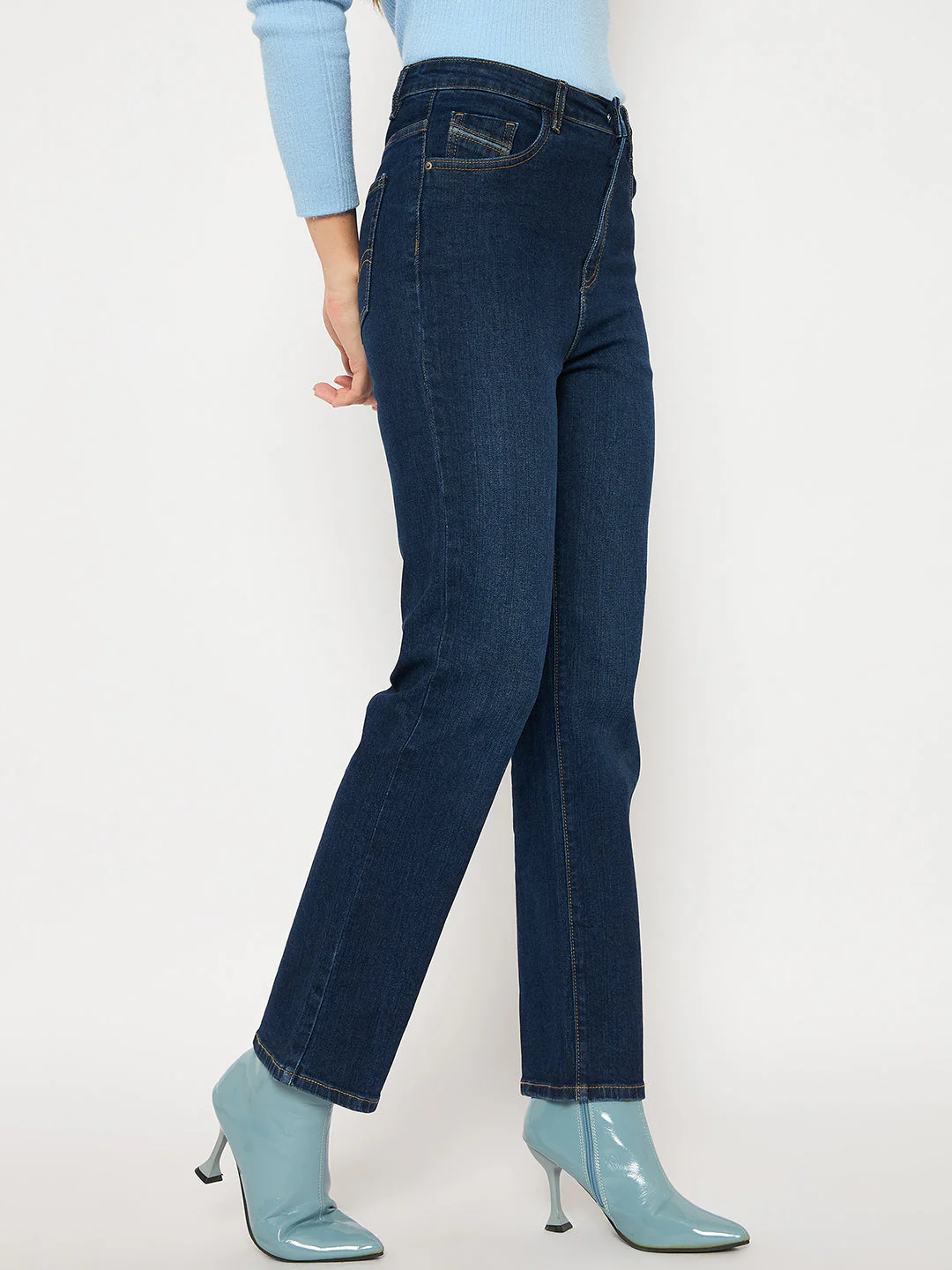 Madame Cotton Blend Stone Wash Straight Fit Dark Blue Denim Jeans - Image 3