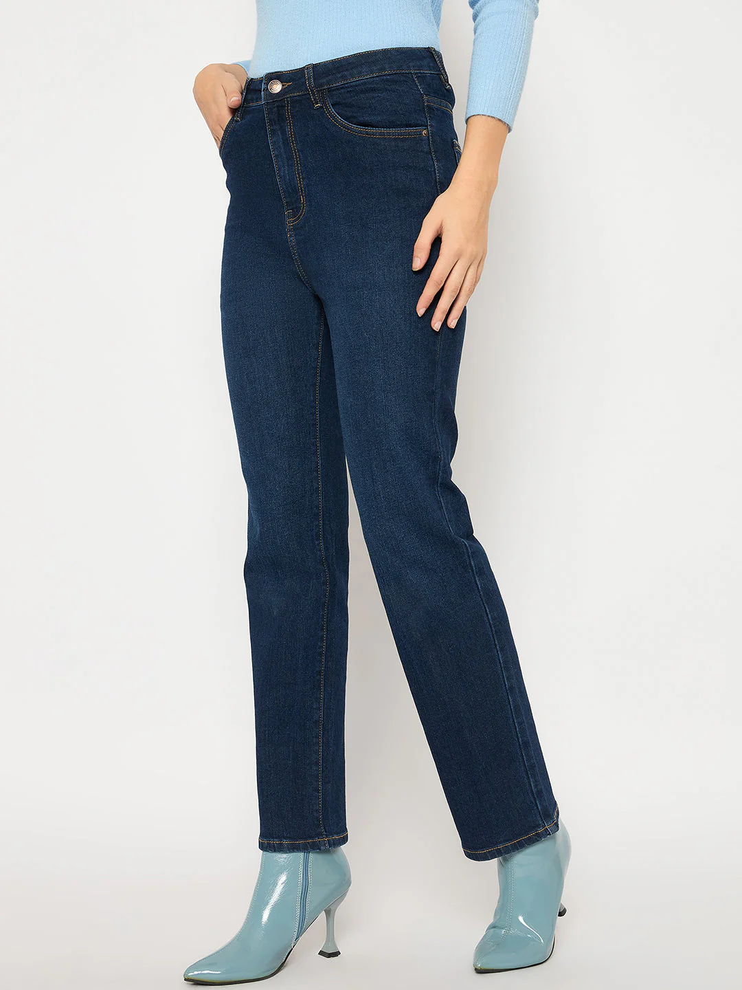 Madame Cotton Blend Stone Wash Straight Fit Dark Blue Denim Jeans - Image 4