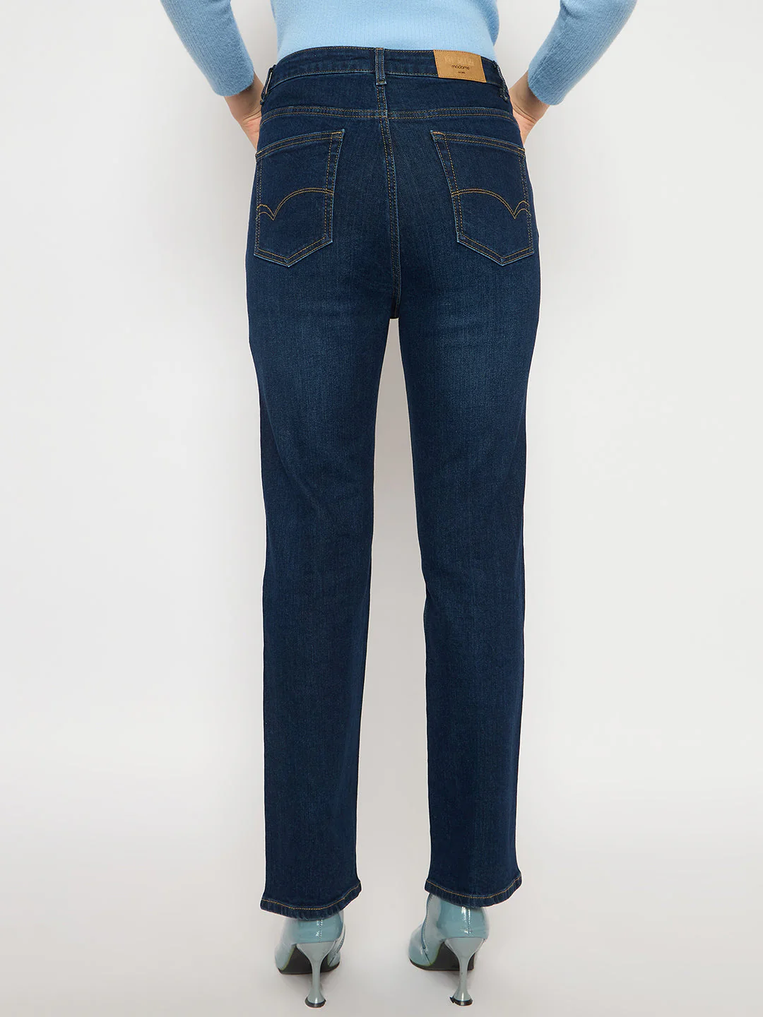 Madame Cotton Blend Stone Wash Straight Fit Dark Blue Denim Jeans - Image 5