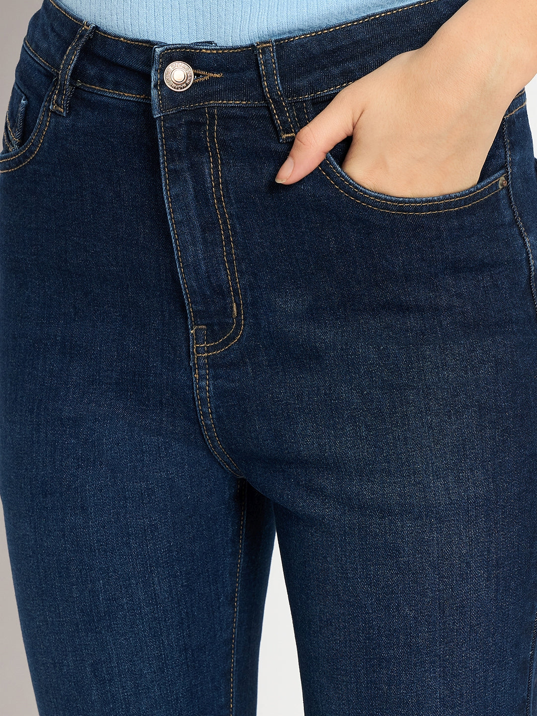 Madame Cotton Blend Stone Wash Straight Fit Dark Blue Denim Jeans - Image 6